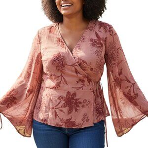 LANE BRYANT Women's 14 Y2k Style Silk Beaded Babydoll Blouse Bell Sleeve Top